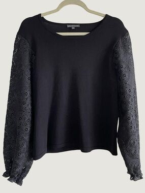 Adrianna Papell Black Eyelet Lace Sleeve Sweatshirt